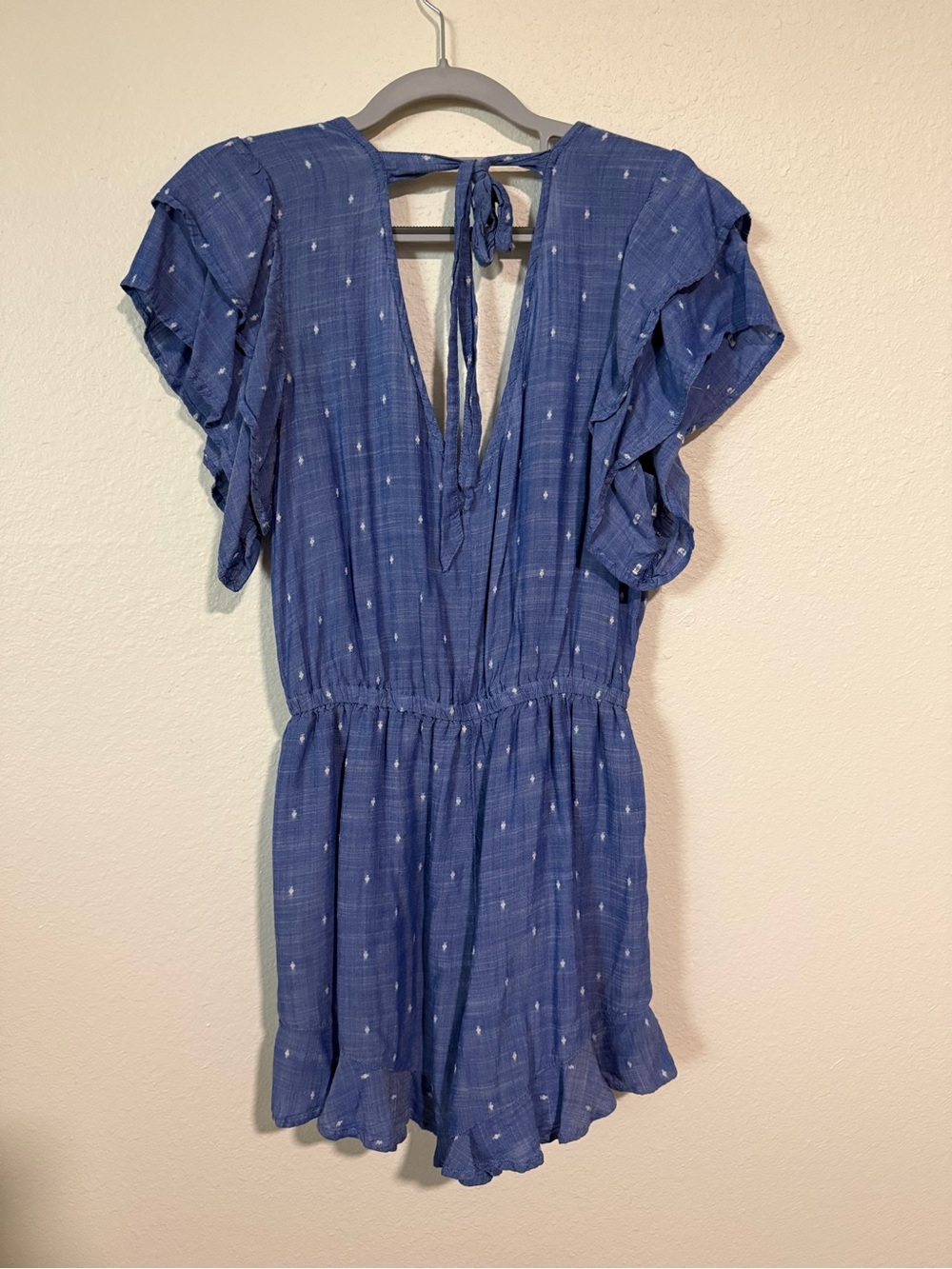 American Eagle Outfitters Blue Dot-Print Flutter Sleeve One-Piece Romper